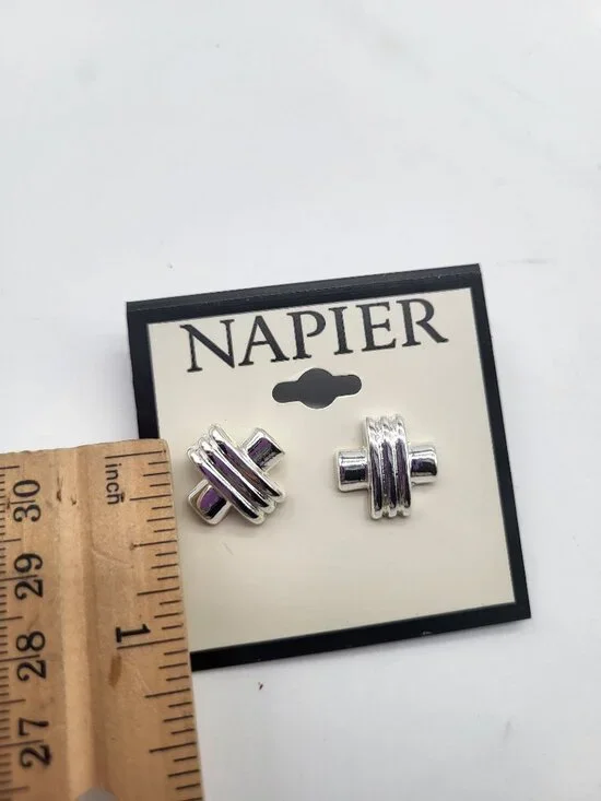 Napier Silver Tone Cross X Stud Earrings Minimal Classic - Picture 3 of 4
